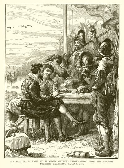 Sir Walter Raleigh in Trinidad, Informationen von den spanischen Soldaten über Guiana einholend, 1595 von English School