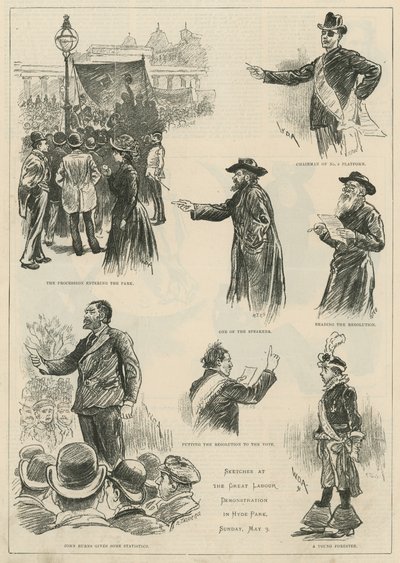 Skizzen bei der großen Arbeiterdemonstration im Hyde Park, Sonntag, 3. Mai 1891 von English School