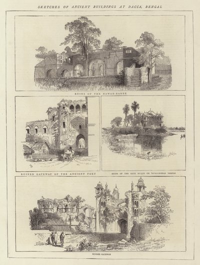 Skizzen antiker Gebäude in Dacca, Bengalen von English School