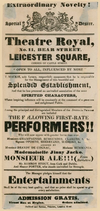 Skit-Theaterplakat, das eine Kneipe bewirbt, The Bear and Ragged Staff von English School