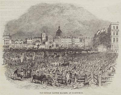 Smithfield Viehmarkt zu Weihnachten (Gravur) von English School