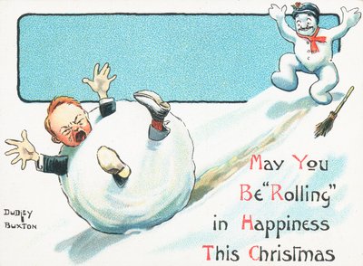 Schneemann schiebt Jungen in Schneeball den Hügel hinunter, Weihnachtskarte von English School