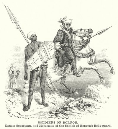 Soldaten von Bornou, Kanem-Speerträger und Reiter der Leibgarde des Scheichs von Bornou von English School
