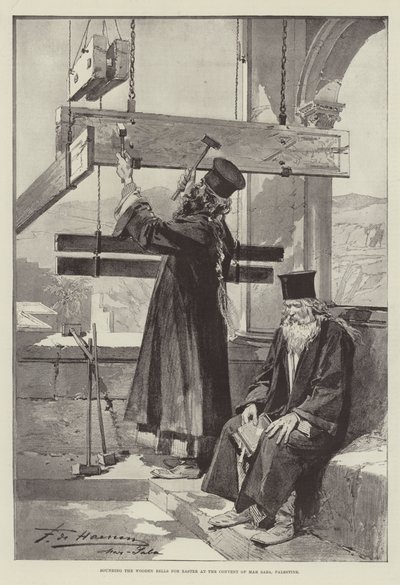 Das Läuten der Holzglocken zu Ostern im Kloster Mar Saba, Palästina (Gravur) von English School