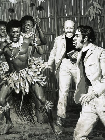 Südseeinsel-Kannibalen waren ziemlich abgeschreckt, als ein Missionar seinen Mund öffnete von English School