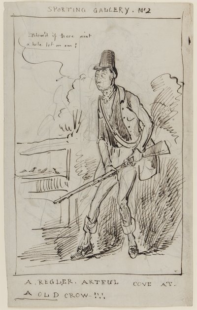 Sportgalerie Nr. 2, Ein Regler, Artful Cove bei einem Old Crow, ca. 1825 (Feder und Tinte auf Papier) von English School