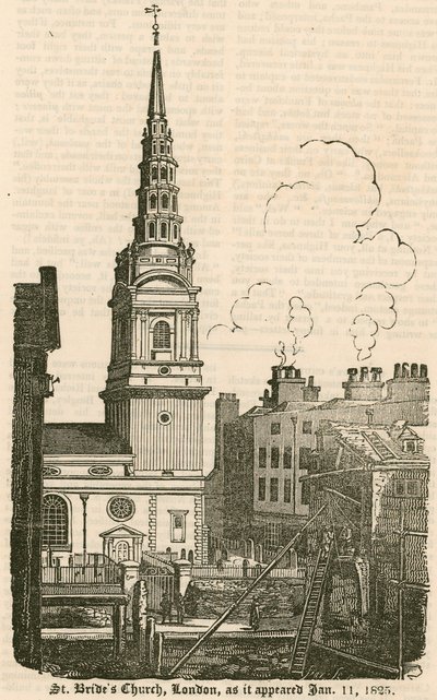 St Brides Kirche, Fleet Street, London, wie sie am 11. Januar 1825 erschien von English School