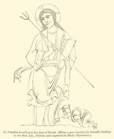 St. Dunstan kniet zu den Füßen Christi, aus einer Federzeichnung von ihm selbst, existierend in der Bodleian Library, Oxford, und graviert in Hick