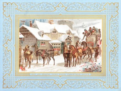 Postkutsche und Pferde vor Gasthaus, Weihnachtskarte von English School