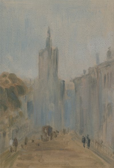 Straße mit Kirche und Figuren, zuvor J.M.W. Turner (1775-1851) und auch Peter de Wint (1784-1849) zugeschrieben, 1822-25 von English School