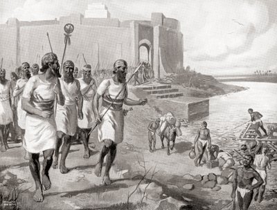 Die assyrische Armee verlässt die Stadt Assur, um sich den westlichen Semiten zu widersetzen, aus Hutchinsons Geschichte der Nationen, veröffentlicht 1915 von English School