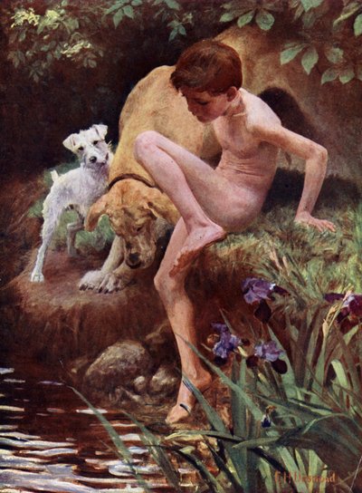 Die Badenden - Junge und Hunde beim Schwimmen von English School