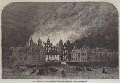Der Brand von Capesthorne Hall, Cheshire, die Südfront (Stich) von English School