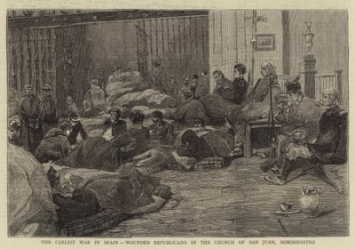 Der Carlistenkrieg in Spanien, verwundete Republikaner in der Kirche von San Juan, Somorrostro (Stich) von English School