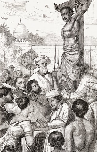 Die Kreuzigung eines Karen-Märtyrers aus Burma (Holzstich) von English School