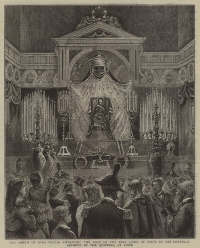 Der Tod von König Viktor Emanuel, der Leichnam des Königs liegt im Chapelle Ardente des Quirinals in Rom aufgebahrt von English School