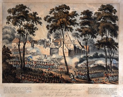Das Äußere von Hougoumont zu Beginn der Schlacht von Waterloo, 18. Juni 1815, graviert von T. Sutherland, veröffentlicht 1816 (Aquatinta) von English School