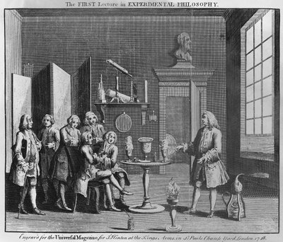Die erste Vorlesung in experimenteller Philosophie, graviert für das Universal Magazine, 1748 von English School