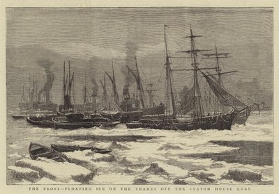 Der Frost, treibendes Eis auf der Themse vor dem Zollhauskai (Stich) von English School