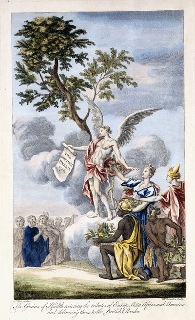 Der Genius der Gesundheit empfängt Europa, Asien, Afrika und Amerika und übergibt sie dem britischen Leser, 1756-1757 von English School