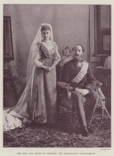 Der König und die Königin von Dänemark, die Großeltern des Bräutigams (Gravur) von English School