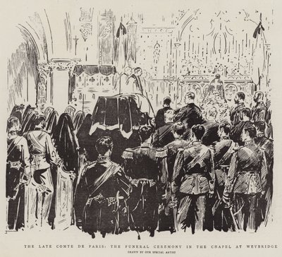 Der verstorbene Comte de Paris, die Beerdigungszeremonie in der Kapelle in Weybridge (Lithografie) von English School