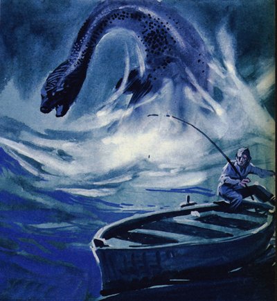 Das Ungeheuer von Loch Ness greift einen Fischer an von English School