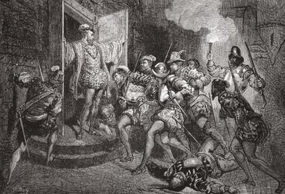 Das Massaker von St. Bartholomäus: Angriff auf Colignys Unterkunft, Illustration aus Die Geschichte des Protestantismus von James Aitken Wylie, veröffentlicht 1878 von English School