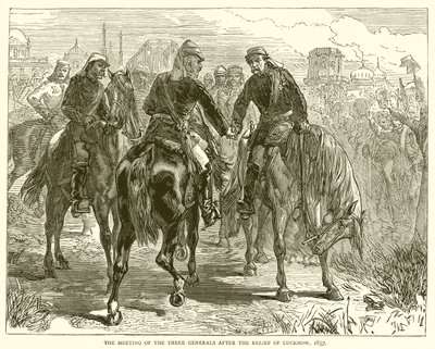 Das Treffen der drei Generäle nach der Befreiung von Lucknow, 1857 von English School