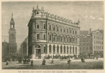 Die neuen Räumlichkeiten der National Safe Deposit Company in der Queen Victoria Street, London von English School