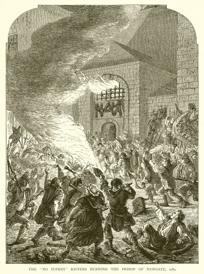 Die No Popery-Randalierer brennen das Gefängnis von Newgate nieder, 1780 von English School