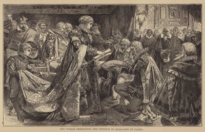 Die Adligen überreichen das Gesuch an Margarete von Parma (Gravur) von English School