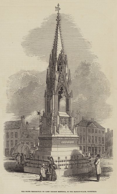 Das Notts-Denkmal für Lord George Bentinck auf dem Marktplatz von Mansfield (Stich) von English School