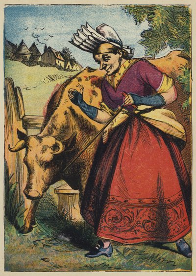 Die alte Frau und die Kuh (Farblithografie) von English School