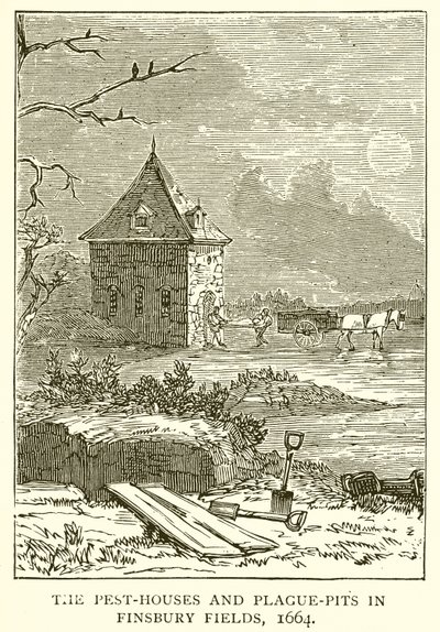 Die Pesthäuser und Pestgruben in Finsbury Fields, 1664 von English School