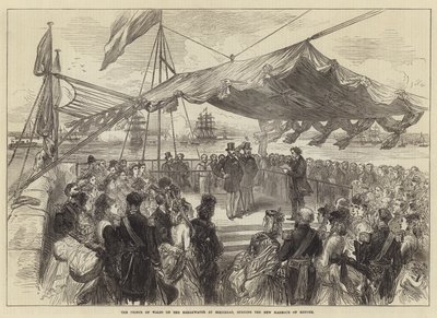 Der Prinz von Wales auf dem Wellenbrecher in Holyhead, Eröffnung des neuen Zufluchtshafens (Stich) von English School