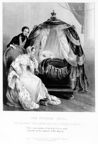Die Prinzessin Royal, Ihre Majestät die Königin und HRH Prinz Albert, mit dem königlichen Kinderbett, ca. 1840 von English School
