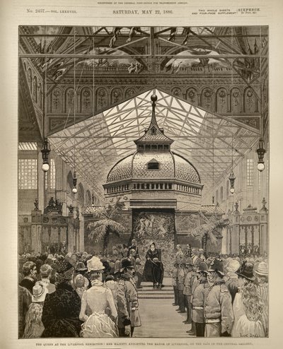 Die Königin auf der Liverpool-Ausstellung: Ihre Majestät schlägt den Bürgermeister von Liverpool im Zentralgalerie zum Ritter von English School