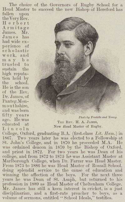 Der Reverend H. A. James, neuer Schulleiter von Rugby (Gravur) von English School
