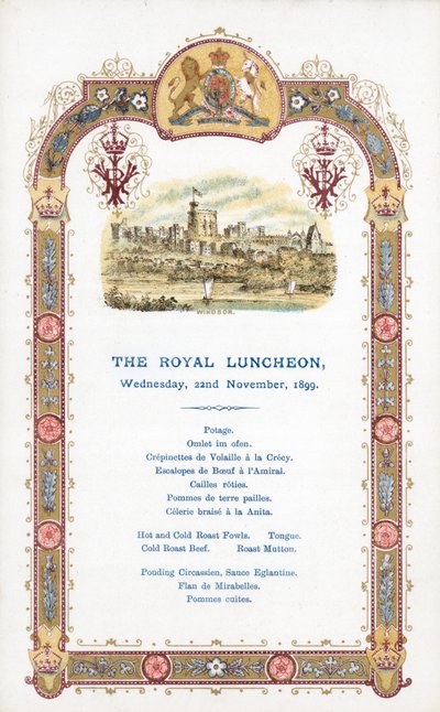 Das königliche Mittagessen, Mittwoch, 22. November 1899, Menü von English School
