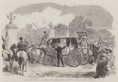 Die königliche Hochzeit, der Prinz und die Prinzessin verlassen den Buckingham Palace nach Windsor (Gravur) von English School