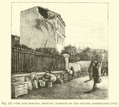 Die Rue Partono, Mentone, beschädigt durch das Riviera-Erdbeben 1887 von English School