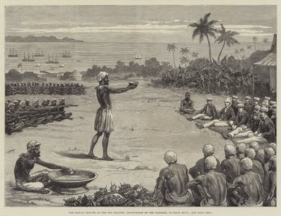 Die Seefahrerprinzen auf den Fidschi-Inseln, Beschwörung der Yangona oder Kava-Schale (Gravur) von English School