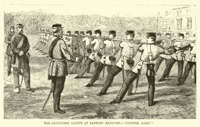 Die Sandhurst-Kadetten bei der Bajonettübung, Waffen verkürzen! von English School