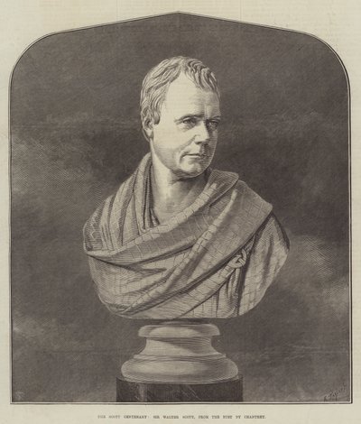 Das Scott-Jubiläum, Sir Walter Scott, nach der Büste von Chantrey (Stich) von English School