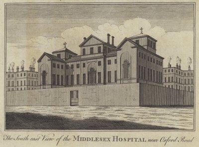 Die Südostansicht des Middlesex Hospital nahe Oxford Road, London von English School