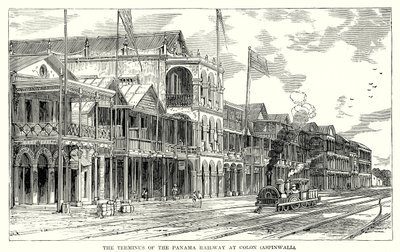 Der Endpunkt der Panama-Eisenbahn in Colon (Aspinwall) (Gravur) von English School