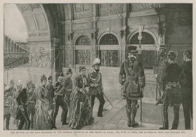Die Ankunft des Prinzen von Wales, des Herzogs von York, der Herzogin von Teck und Prinzessin May am Haupteingang des Imperial Institute von English School
