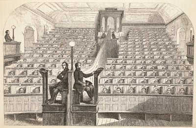 Die Kapelle im separaten System im Pentonville-Gefängnis während des Gottesdienstes, Illustration aus The Criminal Prisons of London and Scenes from Prison Life von Henry Mayhew und John Binny, veröffentlicht 1862 von English School