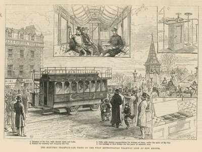 Der elektrische Straßenbahnwagen, getestet auf der West Metropolitan Straßenbahnlinie an der Kew Bridge von English School